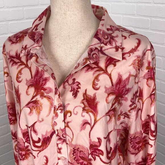 Chicos Blouse Women 4 20 2XLarge Pink Red Floral Classic No Iron Cotton Stretch - Picture 2 of 14